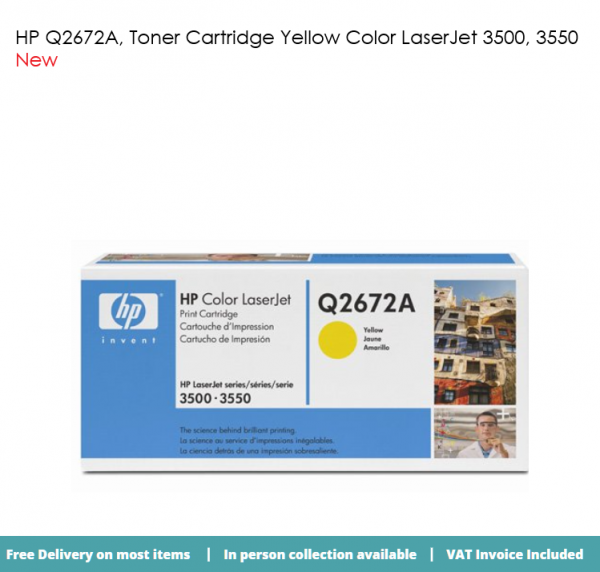 HP Q2672A, Toner Cartridge Yellow, Color LaserJet 3500, 3550, 3700- Original