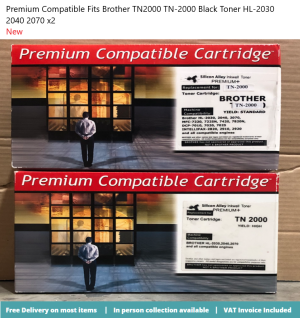 Premium Compatible Fits Brother TN2000 TN-2000 Black Toner HL-2030 2040 2070