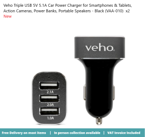 Veho Triple USB 5V 5.1A Car Power Chargers x2 VAA-010