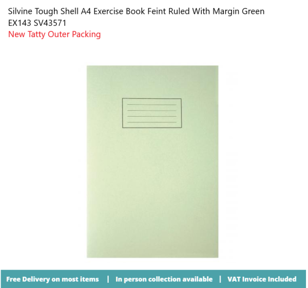 Silvine Tough Shell A4 Exercise Book Feint Ruled With Margin Green ...