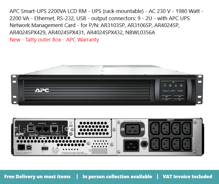 APC Smart UPS 2200VA LCD RM UPS 1980 Watt 2200 VA With APC UPS 