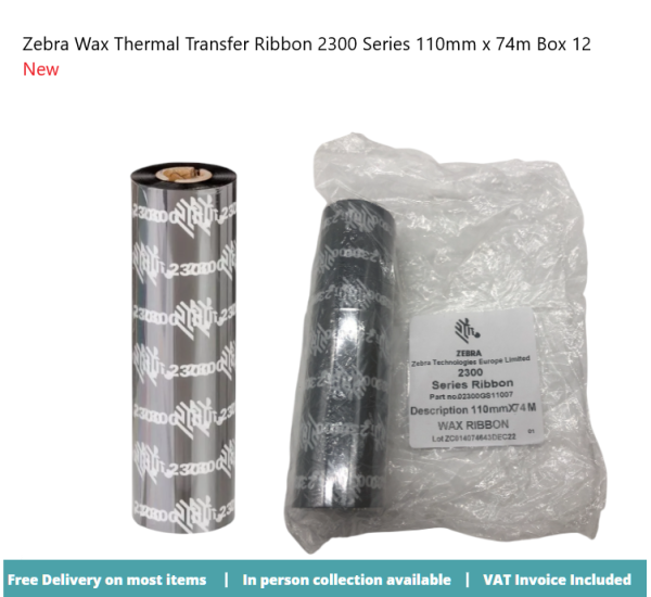 Zebra Wax Thermal Transfer Ribbon 2300 Series 110mm x 74m x12