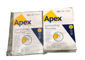 Laminating Pouches A3 75-80 each side  Fellowes Apex  Light 150/160 Micron x 200