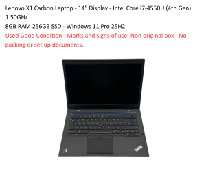 Laptop Lenovo X1 Carbon 14" Ci7-4550U (4th Gen) 1.50GHz 8GB RAM 256GB SSD Windows 11 Pro - 25H2